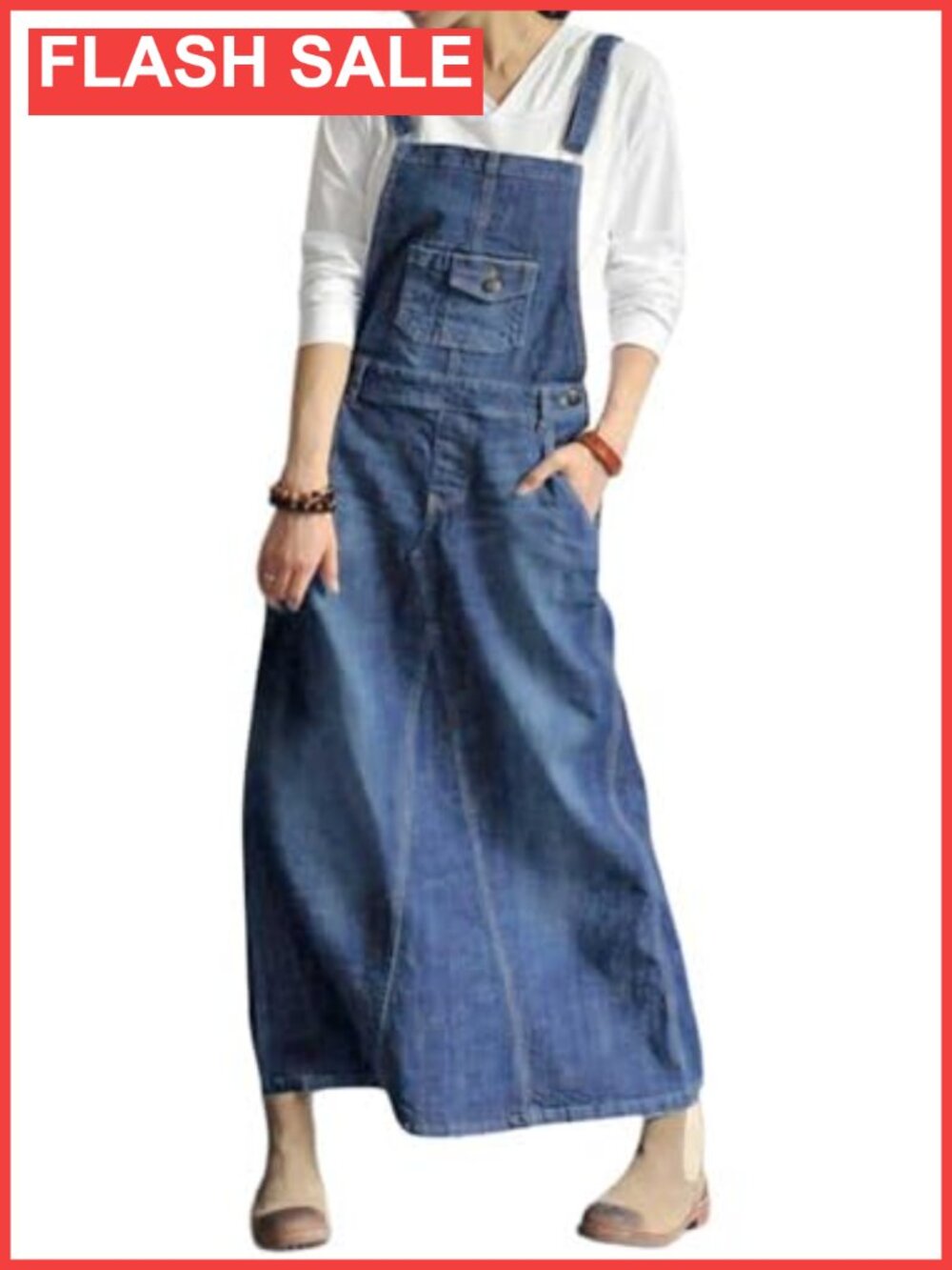 Women's Vintage Denim Overall Dress Adjustable Strap A-Line Midi Pinafore